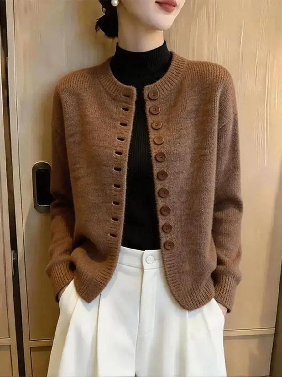 Light Maturity Style round Neck Single Button Knitted Cardigan Women's Short Sleeve Sweater Fashionable Autumn New Arrival
