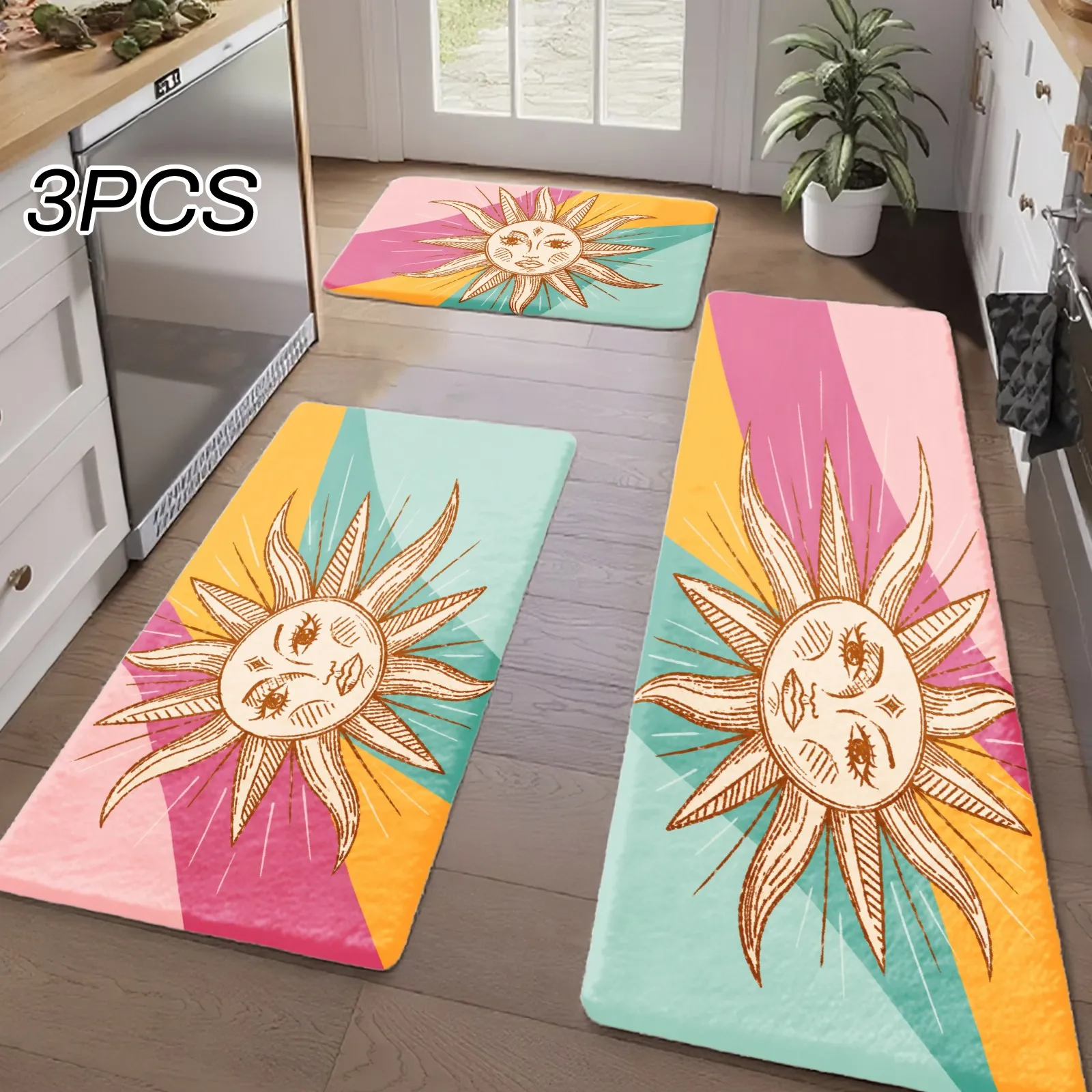 3PCS Kitchen Rugs,Home Decoration for Front Door, Kitchen, Bathroom, Sun Face With Radiant Rays In Vibrant Colors Dining Mat