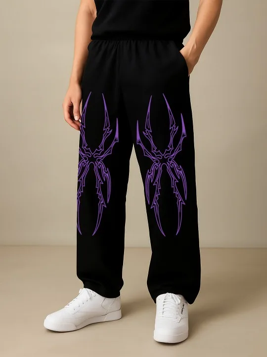 Men Dual-side Purple Tribal Spider Print Drapey Loose Pants, Edgy Alt Street Style, From Subculture Markets To Night Walks