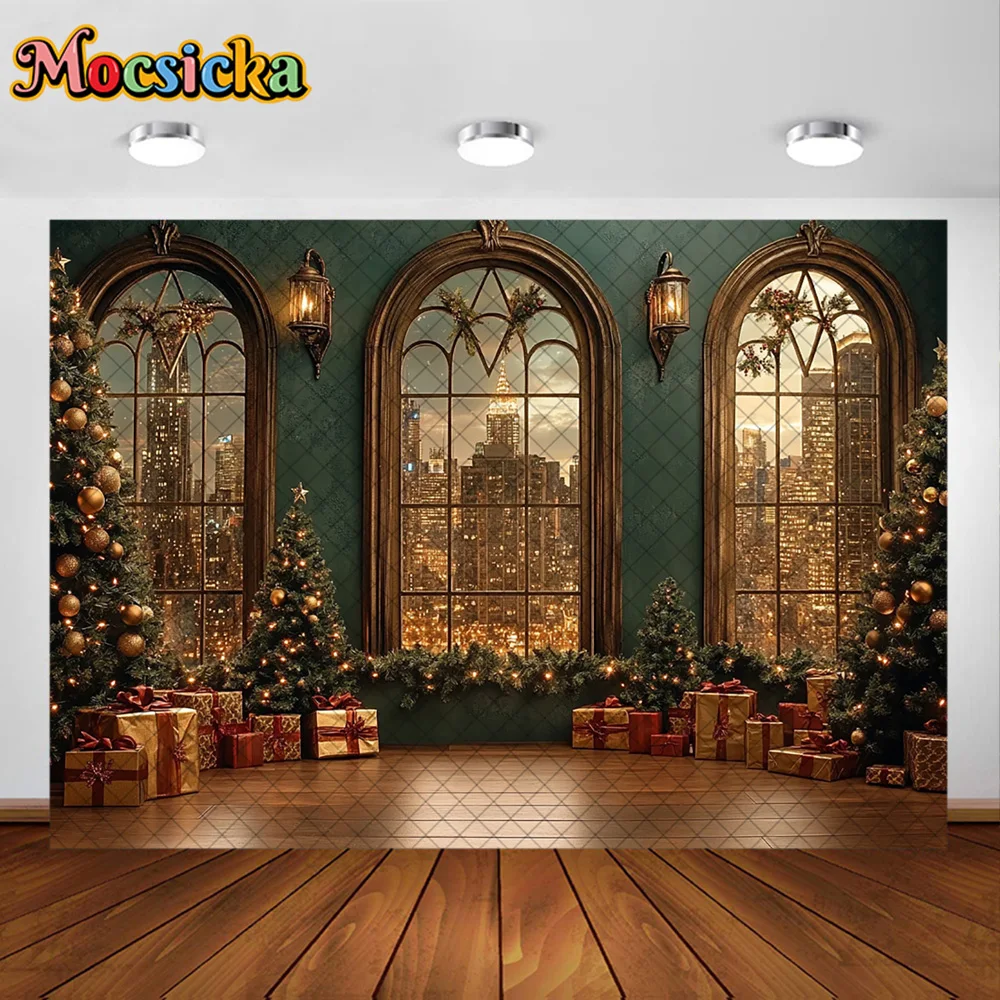 Mocsicka Photography Backdrop Christmas City Night View Gothic  Window Decoration Family Xmas Holiday Party Portrait Studio Prop