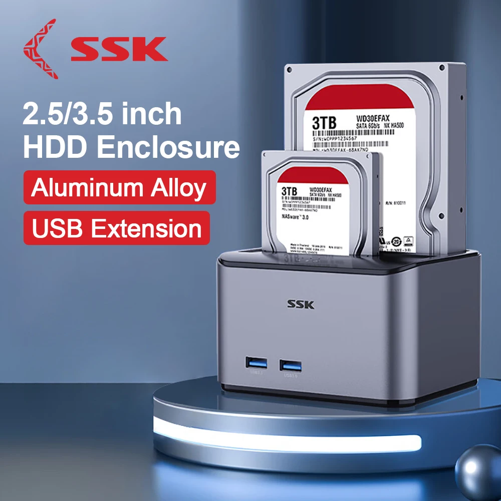 SSK-estación de acoplamiento de disco duro externo de aluminio de doble bahía, USB 3,0 a SATA para 2,5, 3,5 pulgadas, SATA, HDD, SSD, compatible con