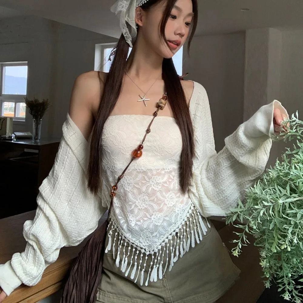 

Tassel Lace Mesh Camisole Off Shoulder Seamless Lace Crop Tube Top Bottoming Shirt Slim Fit Sleeveless Vest with Pads Streetwear