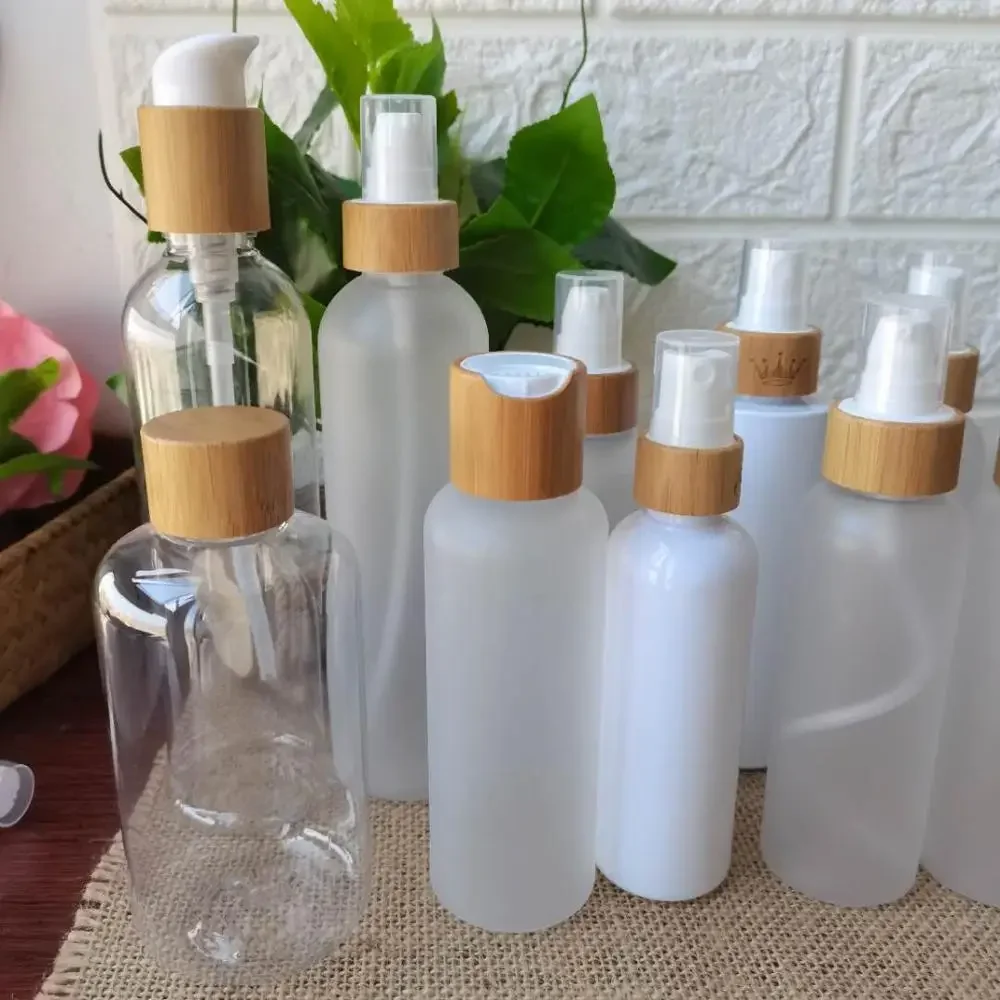 

Custom Packaging Plastic Pump Bottle Spray with skin careBamboo Lid Essential Oil Cosmetic Package Glass Frost Dropper Bottle