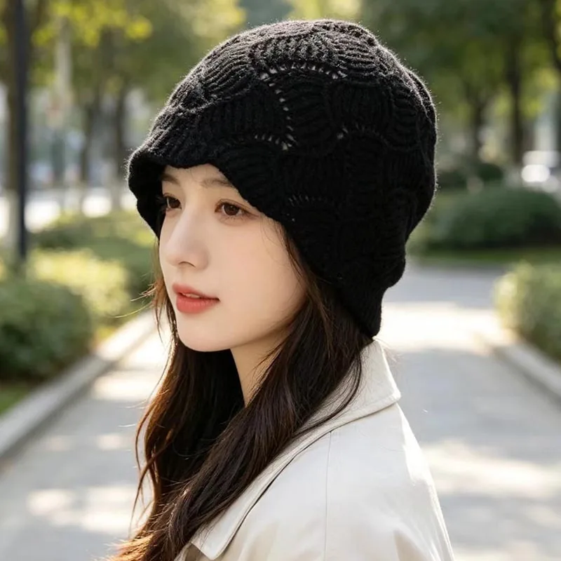 2pc Hollow-out knitted autumn and winter warm wool hat triangular scarf set shawl beanie head wrap and scarves fashion wear