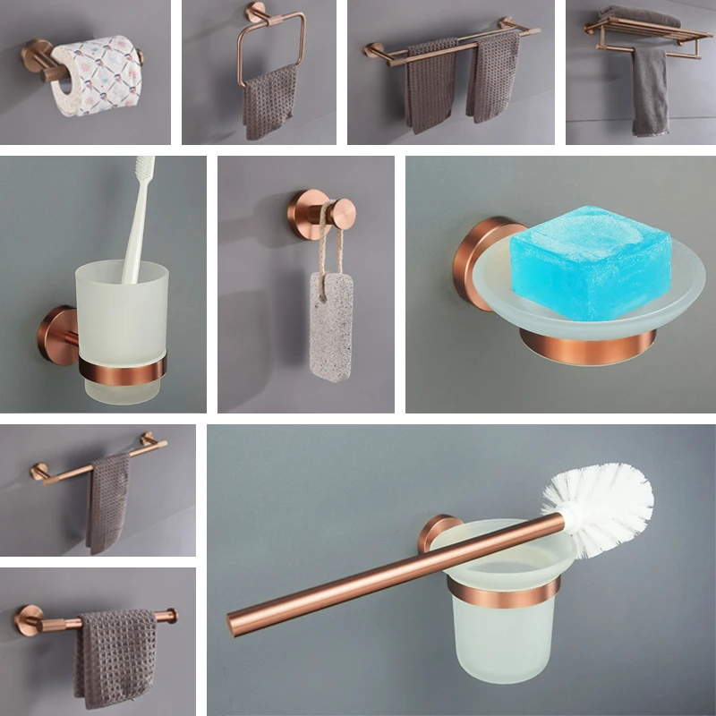 Brushed Rose Gold Wall-Mounted Towel Bar Toilet Seat Rack Robe Towel Hanging Towel Rack Bathroom Accessories Set 2