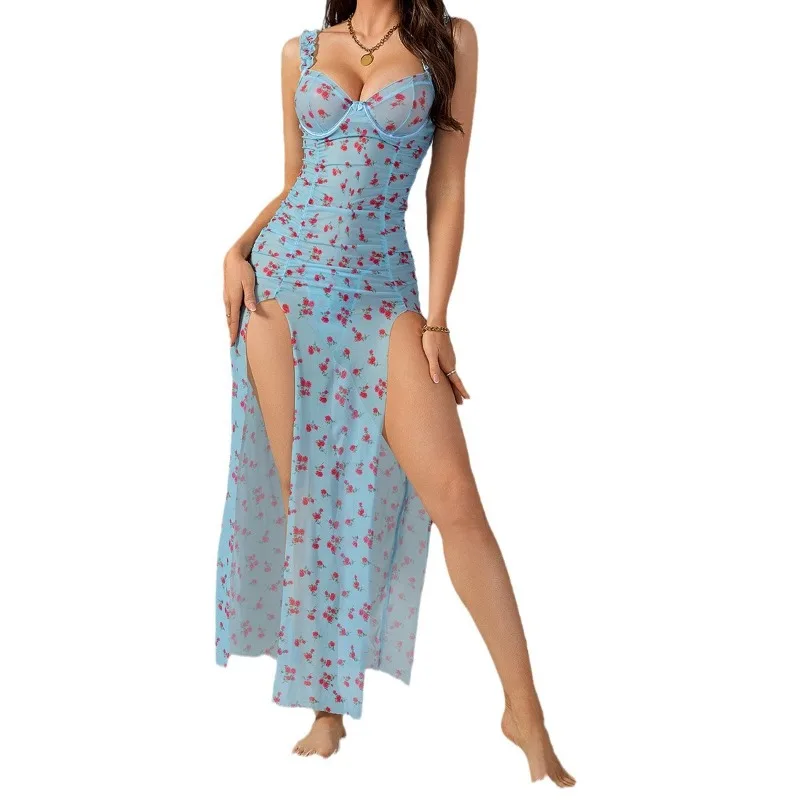 

Sexy Nightwear Printed Backless Split Nightdress String Bodysuit Lingerie Pajamas for Women Sexy Nighties Lingerie Night Skirt