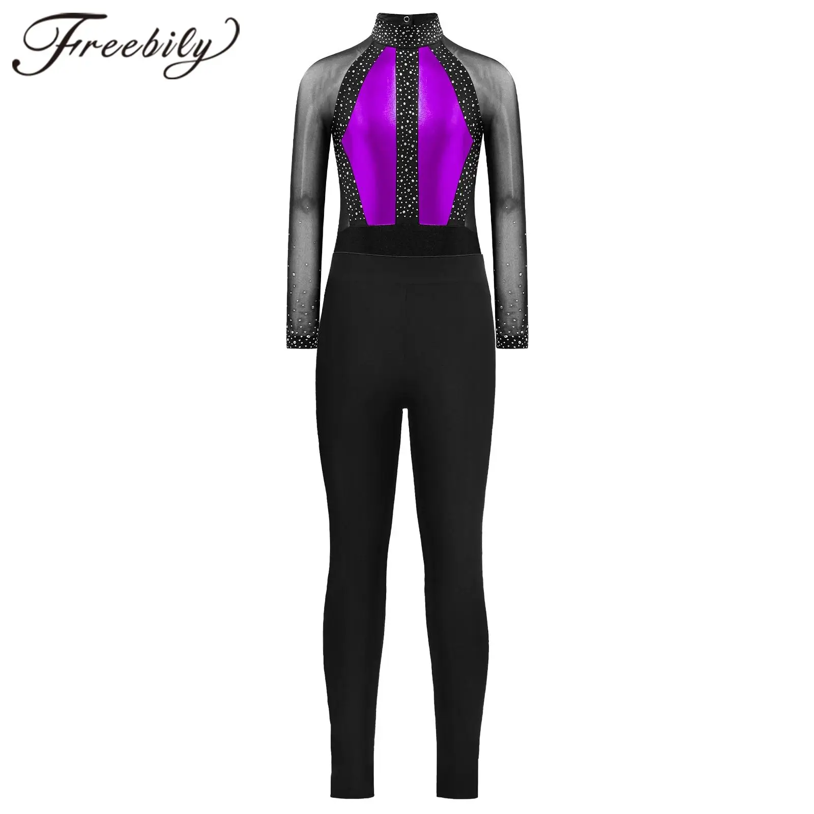 Kids Color Block Gymnastics Leotards Leggings Sheer Mesh Long Sleeve Ballet Leotard for Girls Dancewear Figure Skating Jumpsuit