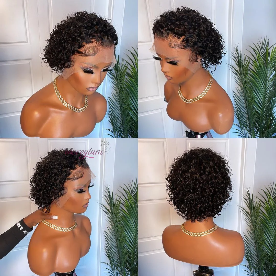 Pixie Cut Wig Short Curly Human Hair Wigs Cheap 180% Density 13X1 Lace Frontal Human Hair Transparent Lace Wig For Black Women