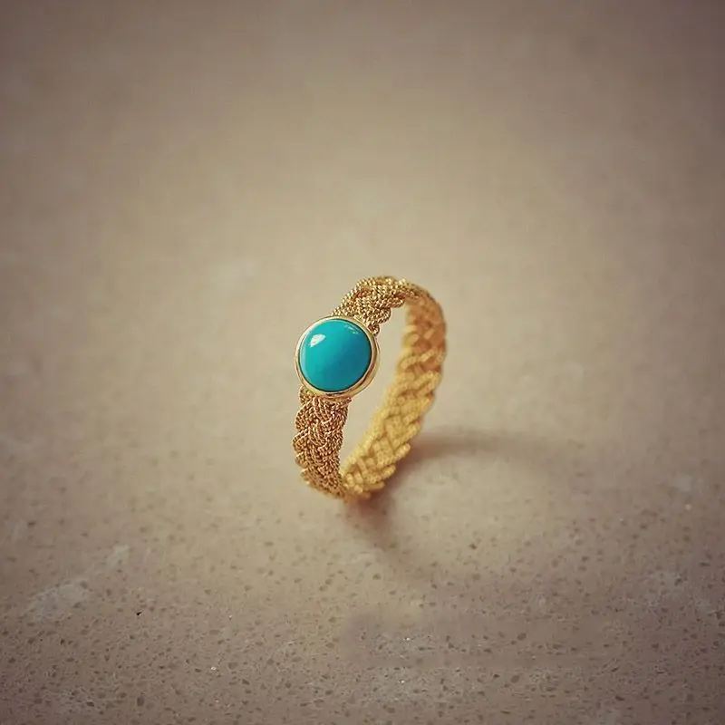 2026 Popular Vintage Filament Oval Turquoise Open Band Knitted Pinky Rope Ring Semi-precious Gemstone Jewellery Dropshipping