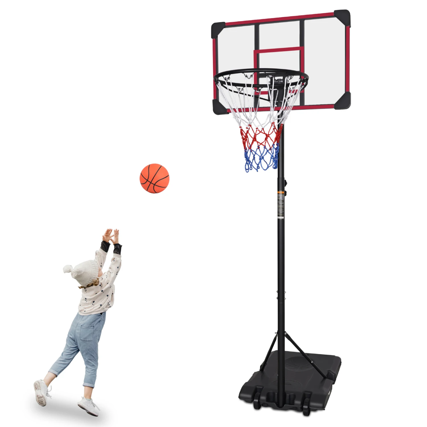 Sistema porta da basket portatile ad altezza regolabile per giovani - Base stabile, uso interno/esterno, tabellone da 28", ruote - 5,6-7 piedi