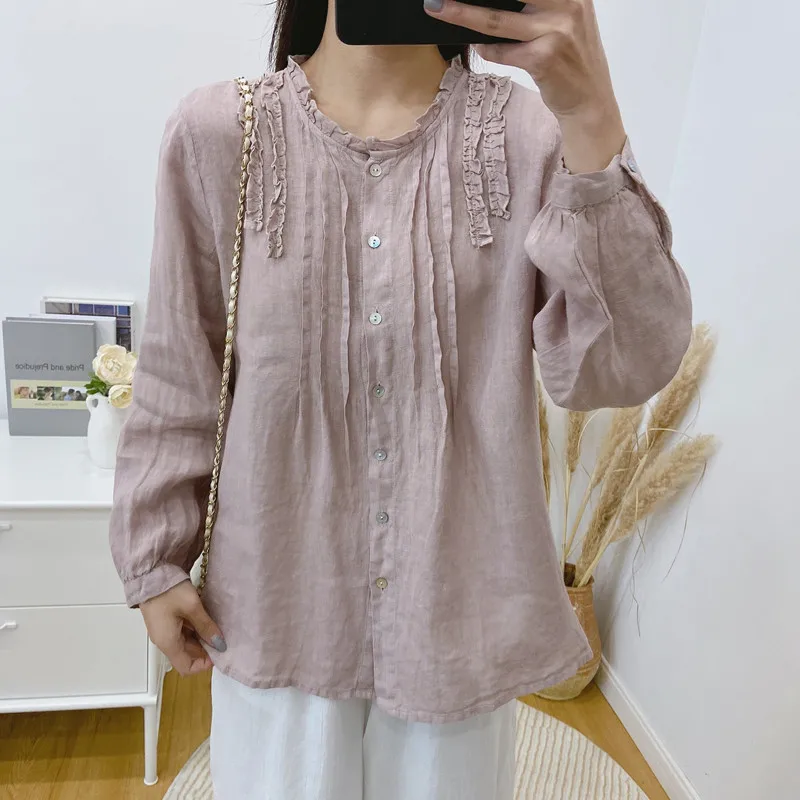 Johnature New Spring Japanese Tops For Women 2024 Vintage Linen Loose Ruffles Solid Color Women Shirts