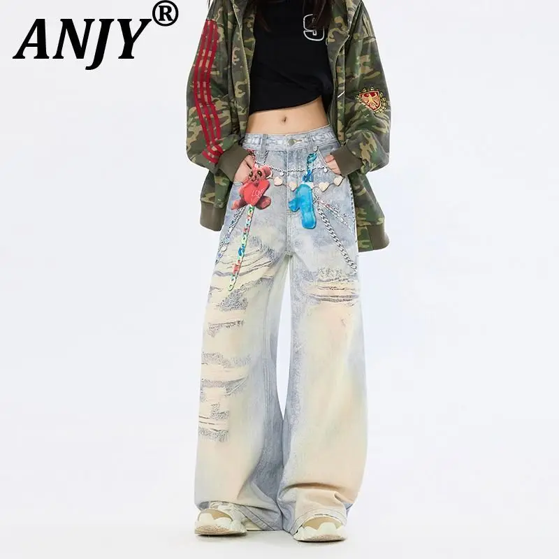 ANJY 秋の新作 レディース ニュートラルスタイル 重工業風 3Dプリント レースチェーンジーンズ ホットガール ストリート系 ニッチ フレッシュ デニムパンツ A12386