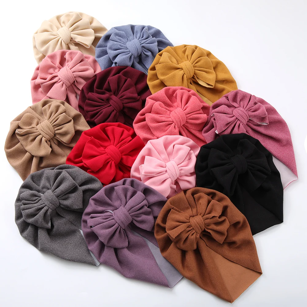 Cashmere Wrinkle Baby Turban Hat Newborn Boy Girl Bow Knotted Folded Headwear Infant Beanies Kids Winter Hair Accessories