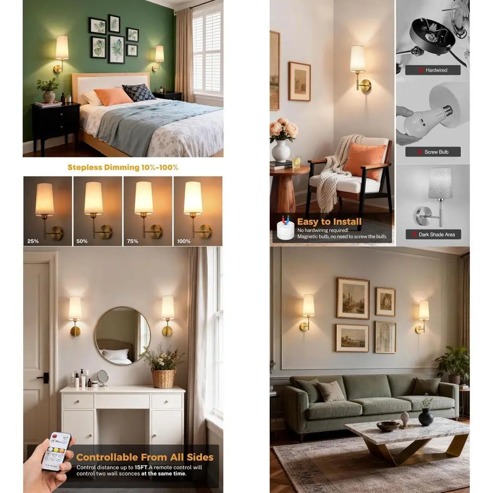 

Pair of Rechargeable Gold Wall Sconces, 13000mAh Battery-Powered, Wireless Dimmable with Remote, Beige Linen Shade for Bedrooms