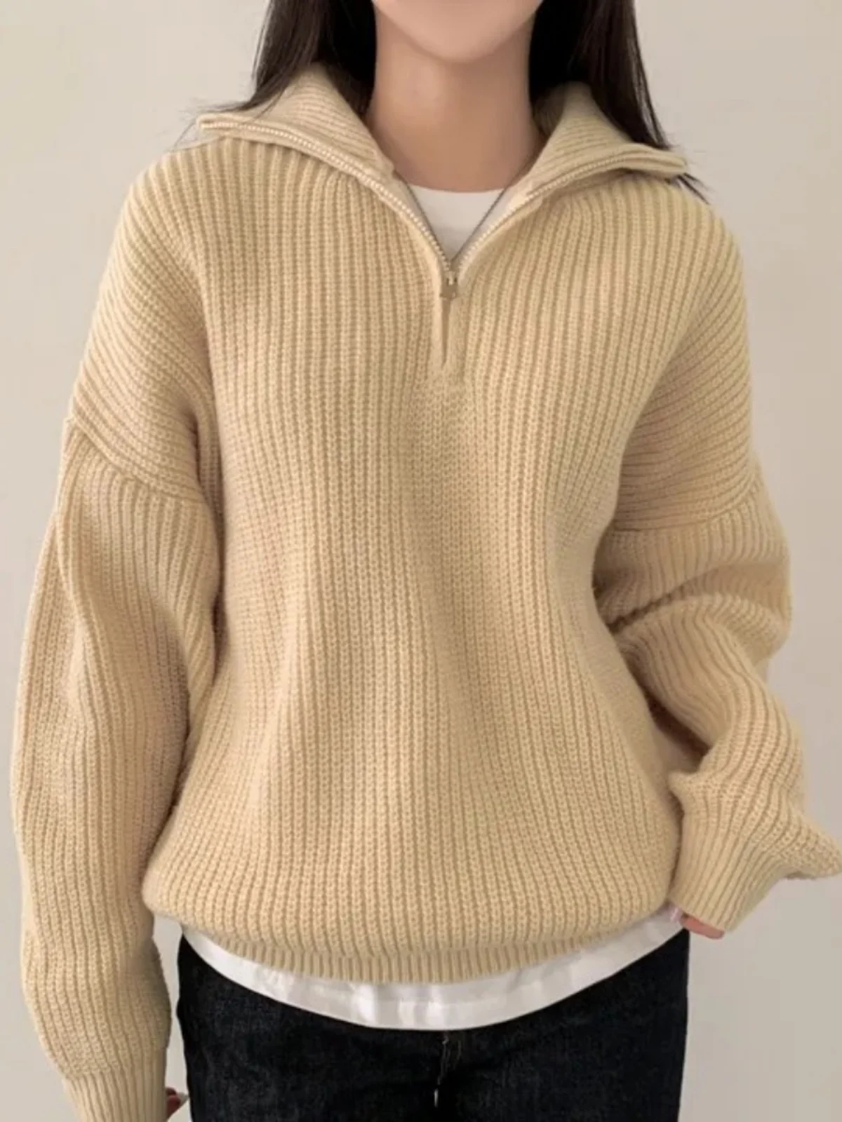 Thiened Knitted Sweater Coat Women's Loose f Zipper Large Collar Lazy Warm Top Faionable Commute Sle Long Sve