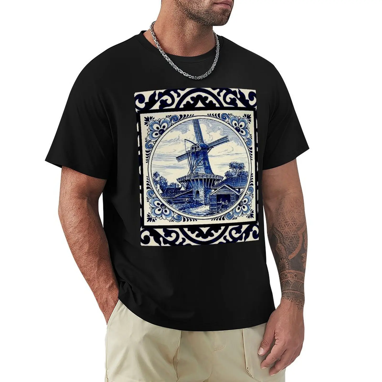 DUTCH BLUE DELFT : Vintage Rare Windmill Landscape in Amsterdam Print T-Shirt Casual Everyday Wear T-Shirt