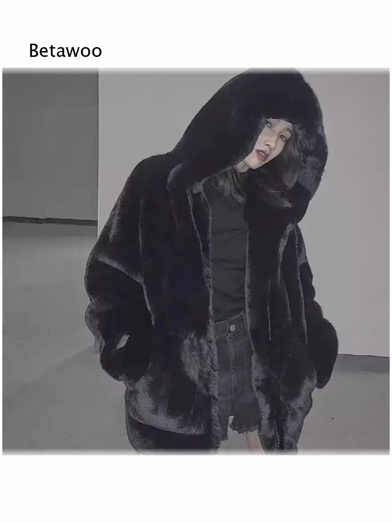 Zip Up Hooded Faux Fur Short Coat For Women Soft Plush Long Sleeve Loose Fit Outerwear For Cold Weather Dating And Party
