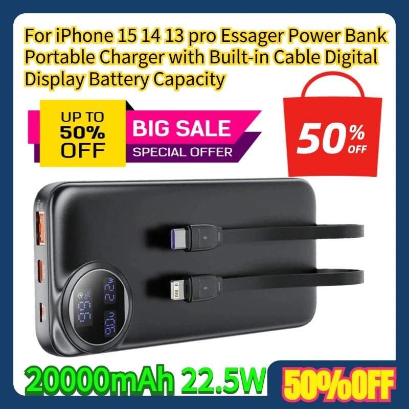 

20000mAh For iPhone 15 14 13 pro Essager Power Bank Portable Charger with Built-in Cable Digital Display Battery Capacity 22.5W