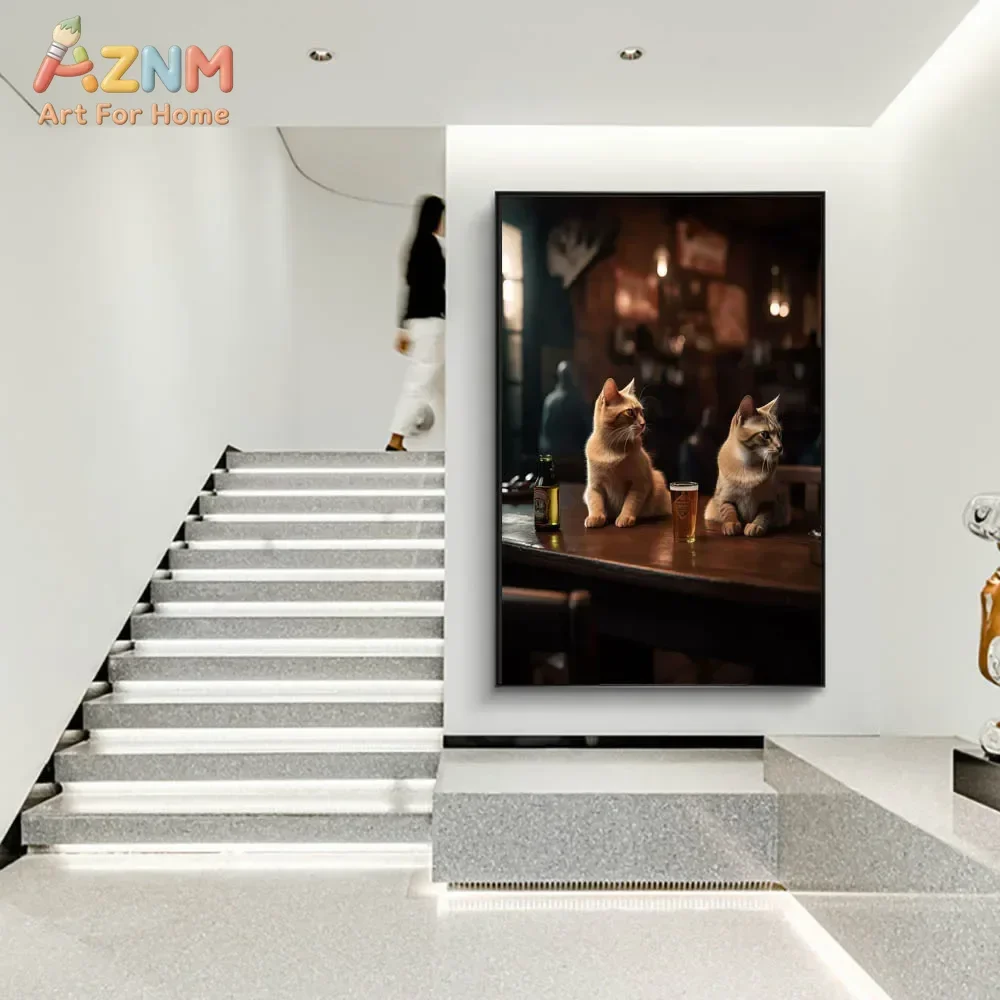 AZNM Funny Fat Cat Canvas Wall Art Print Cute Cat In Bar With Beer Cake Popcorn Vintage Tavern Animal Poster Unframed Canvas Pai