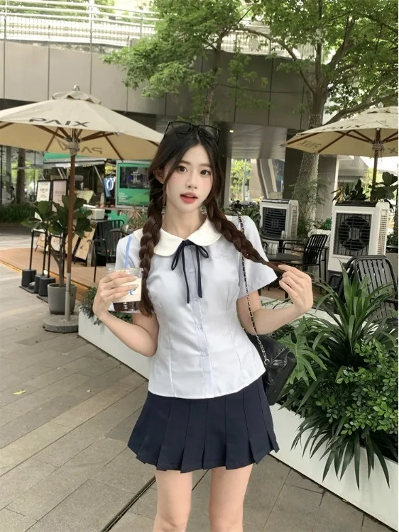 

plus Size College Style Set Summer New Design Knot Short Sleeve High Waist Pleated Skirt Fashionable Ensemble
