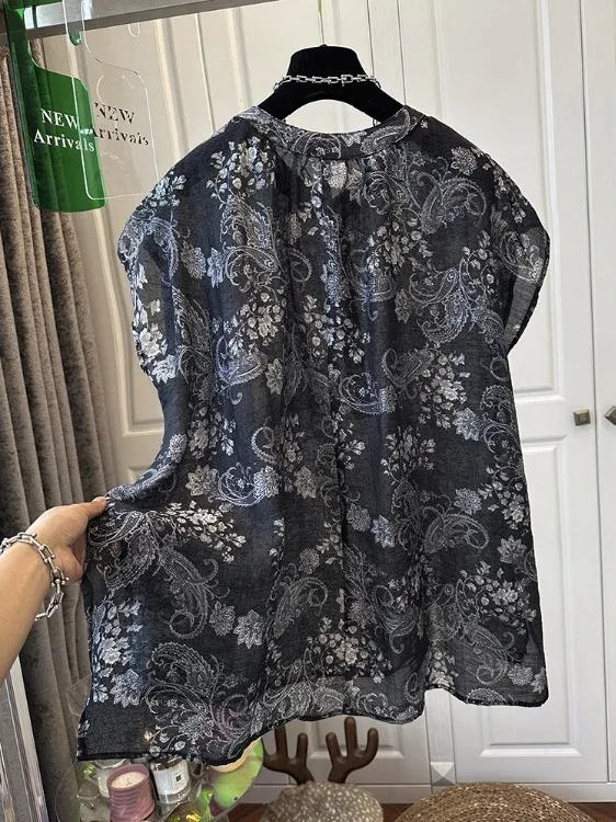 

Retro Floral Linen Svel irt Women Summer Thin Loose Belly Cover Casual Cotton Linen Small Flng Sve Top