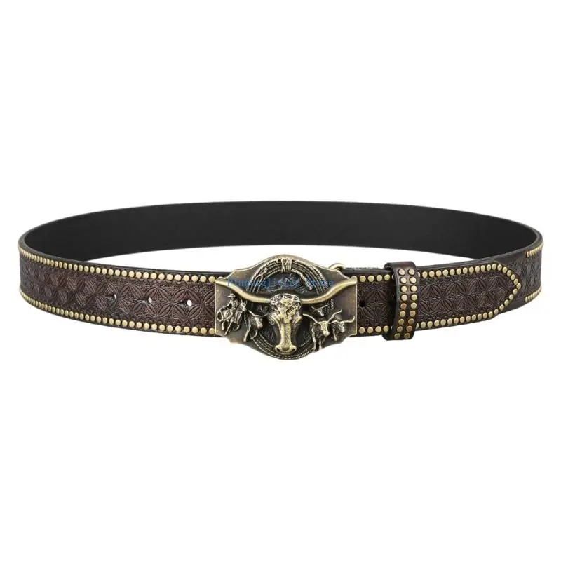 

652B Western Cowboy PU Leathers Belt Men Waist Strap Vintage Engraved Belt for Jeans