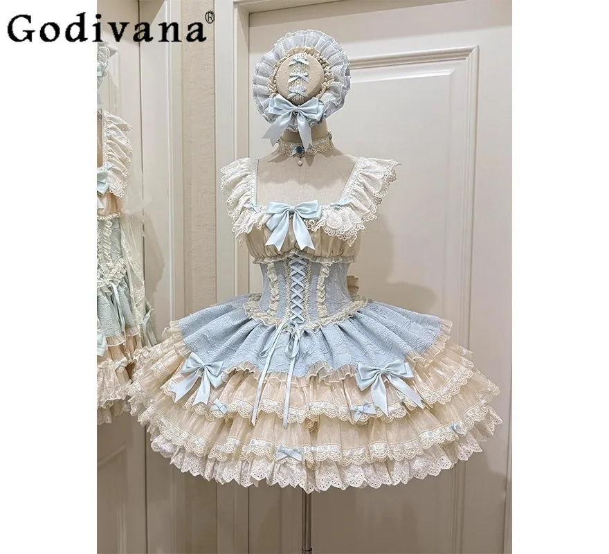 فستان كعكة الباليه الأزرق اللطيف للنساء على الطراز الياباني Jsk فستان لوليتا الحلو فستان بفيونكة الأميرة مع قلادة على شكل قبعة