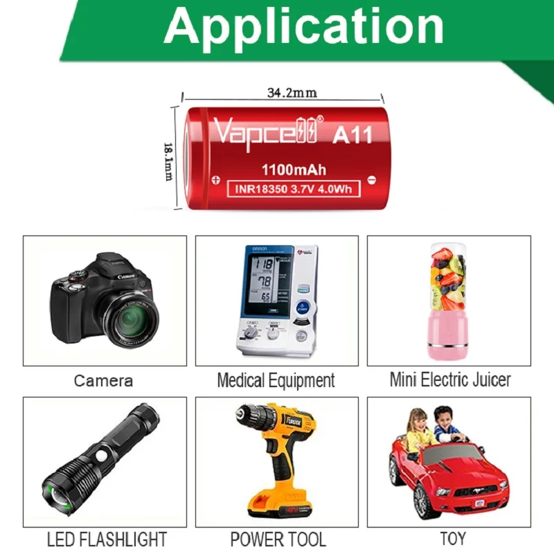 Original Vapcell 1100 a11 3,7 mah max 10a Entlade leistung 4,0 V inr18350 Wh Lithium batterie für Taschenlampe spielzeug wiederauf ladbar
