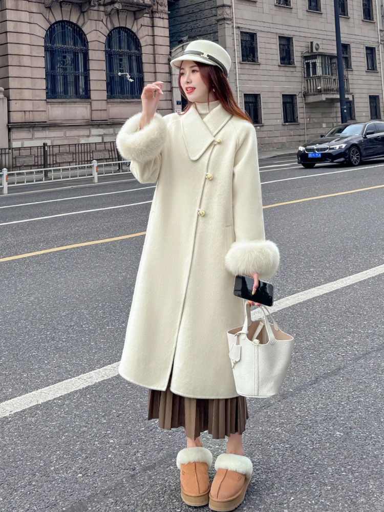 

New Fashion Women Wool Blended Coat With Real Fox Fur Cuff Winter Wool Jacket Outwear