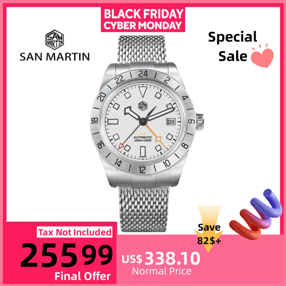 

San Martin 39 мм NH34 GMT Автоматические часы Роскошные наручные часы Сетчатый браслет Быстросъемная застежка 100 м Водонепроницаемый сапфир SN0135