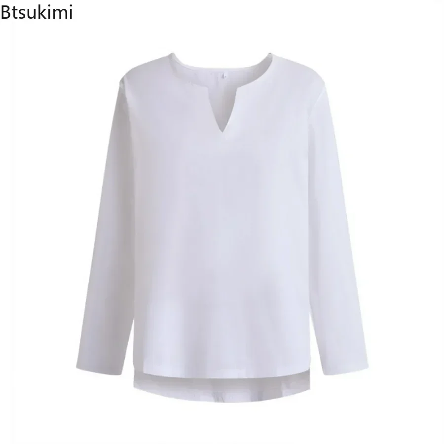 

2025 Мужская летняя повседневная хлопково-льняная рубашка, однотонные дышащие мягкие свободные топы с длинными рукавами и v-образным вырезом, мужские свободные рубашки, топы для мужчин