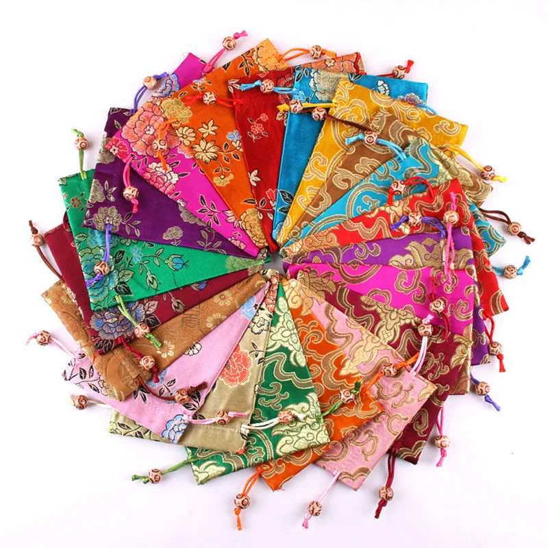 20pcs/Lot 12*15cm Chinese Style Peony Flower Ancient Sachets Satin Drawstring Pouches Handmade Brocade Pouch Storage Bags