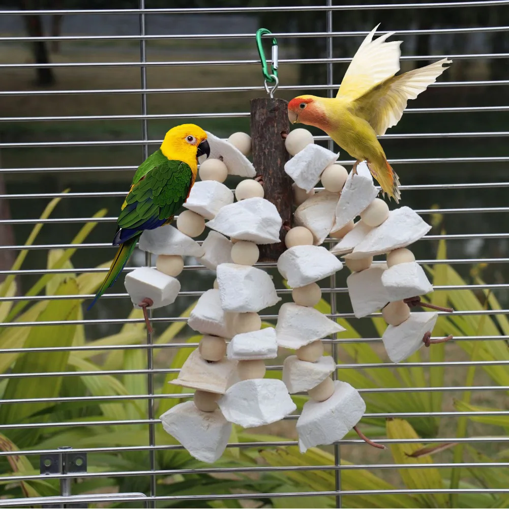 

Parrot Chewing Toys Bird Natural Wooden Bead Cuttlebone String Bites Toys Cage Hanging Bite Toy For African Grey Macaws Cokatoos