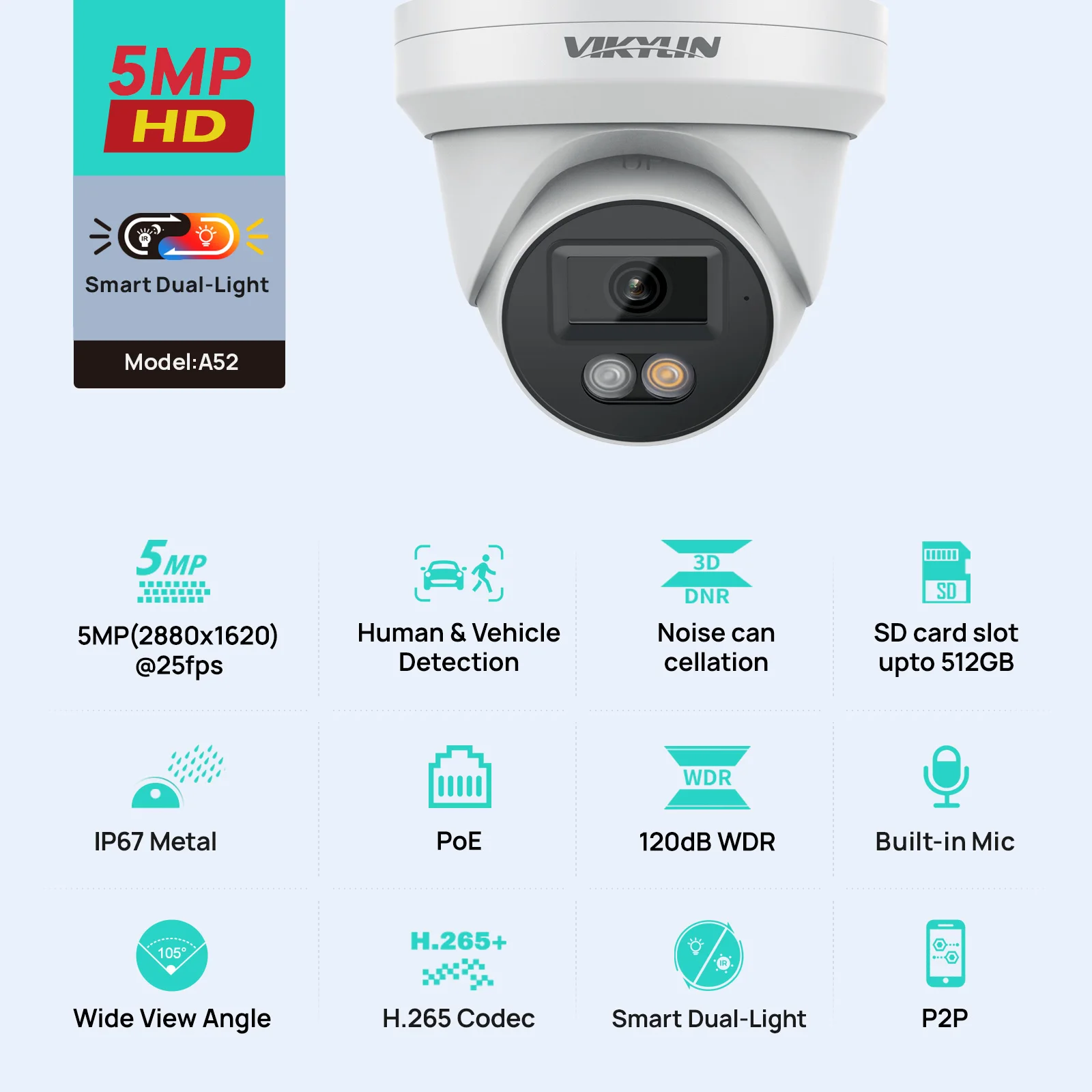 VIKYLIN 5MP IP Security Camera with Dual Smart Light Audio Poe Human Vehicle Detection ONVIF IP67 Outdoor Surveillance Camera