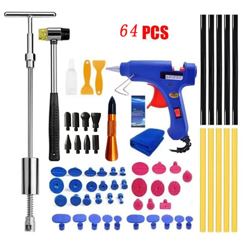 

64Pcs Car Dent Repair Tool Dent Puller Kit Dent Removal Tap Down Tools Replacement Heads T-bar Dent Puller For Hail Dent Removal