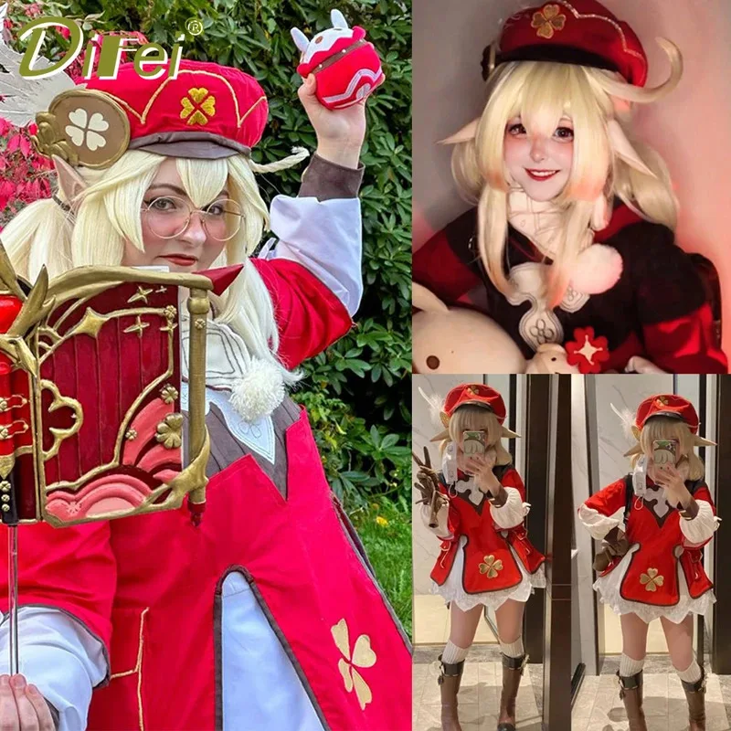Peluca sintética juego Genshin Impact Spark Knight-Klee Cosplay dibujos animados pelo liso esponjoso doble cola de caballo peluca capucha