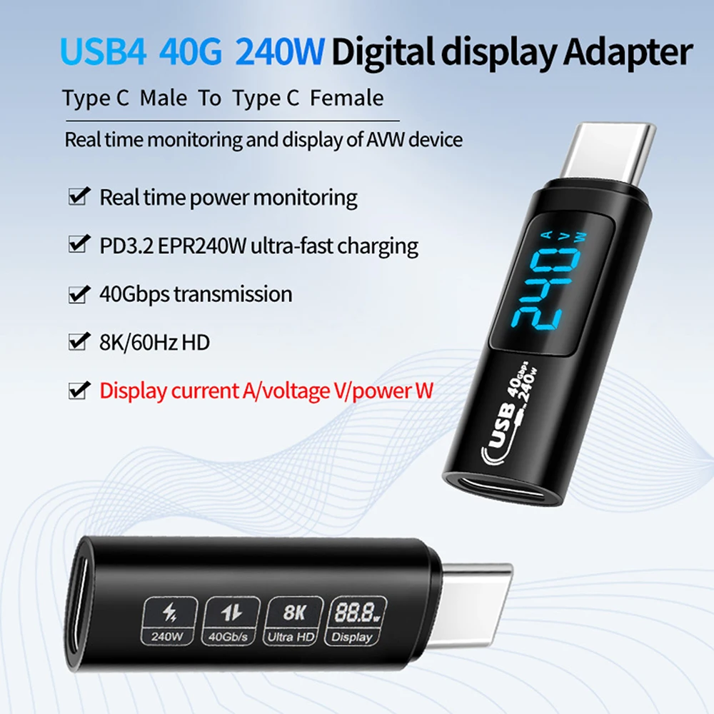 

PD240W Fast Charging Adapter DC 0-36V USB4.0 Digital Display Voltage Current Power Meter Tester Type C Interface