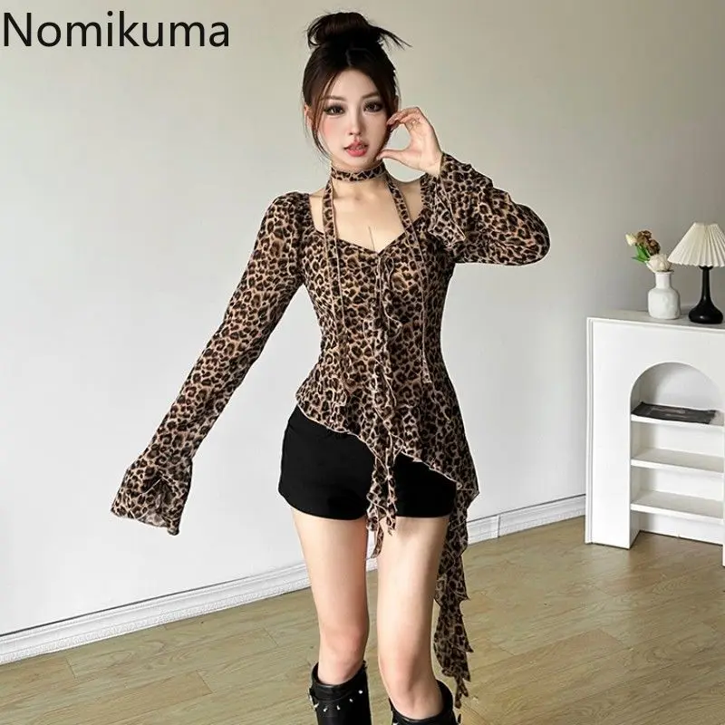 Sexy Woman T Shirts Fashion Leopard Print Tunic Tees Patchwork Ruffles Long Sleeve Irregular Tshirt 2024 Ropa Mujer Y2k Tops