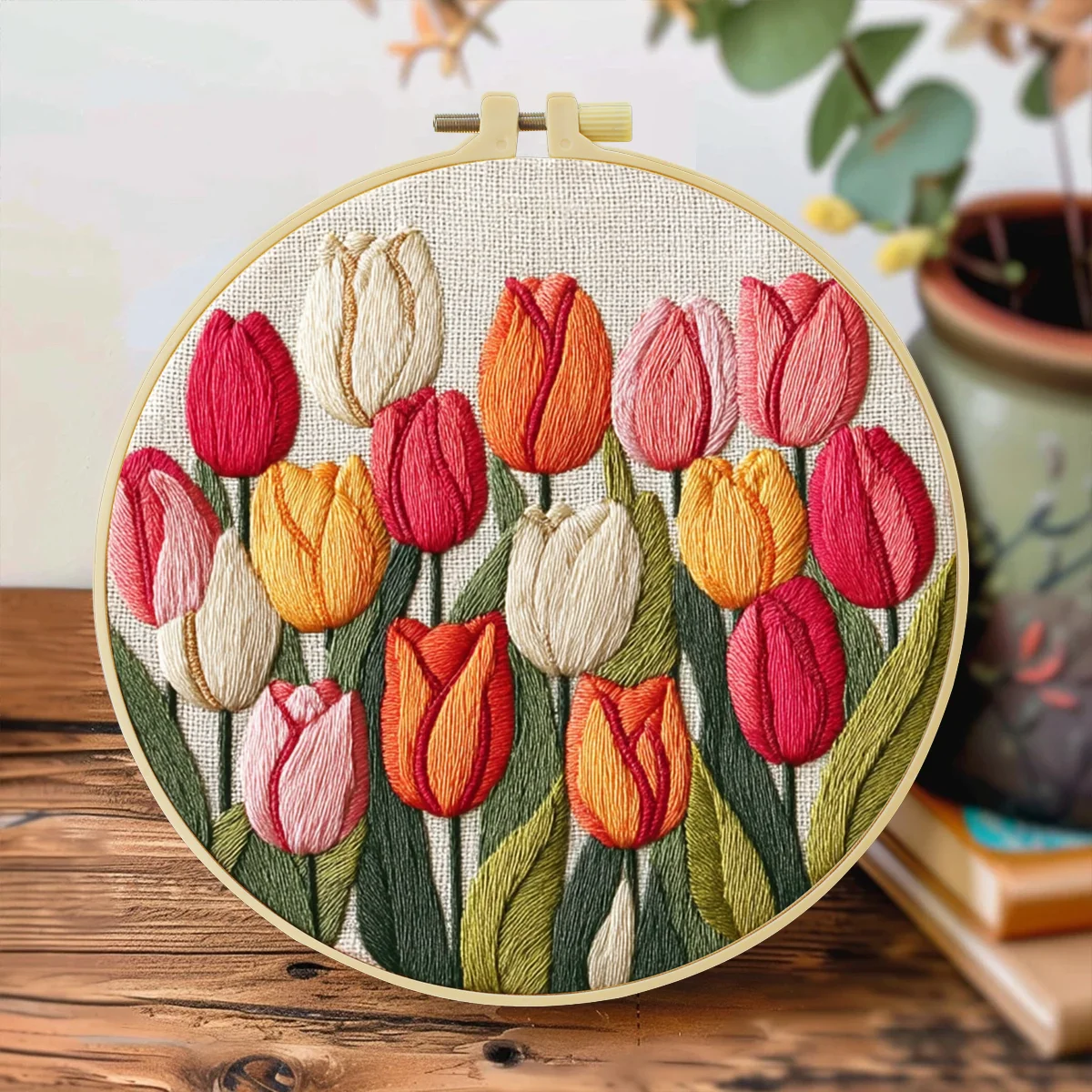 1pc 20X20CM/15X15CM 7.87/6.3inch Beautiful Tulips Bag Embroidery Starter Kit DIY Kit Set for Beginner Home Decor Needle Art