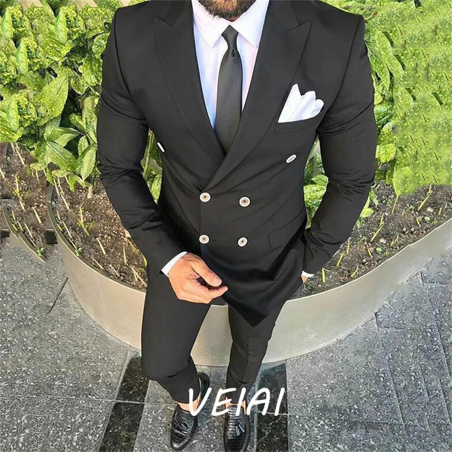 

CustomizedDouble Breast Black Suits Men Slim Fit Outfits Groom Wear Wedding Tuxedo Costume Homme Groomsmen Blazer Pants 2 Piece