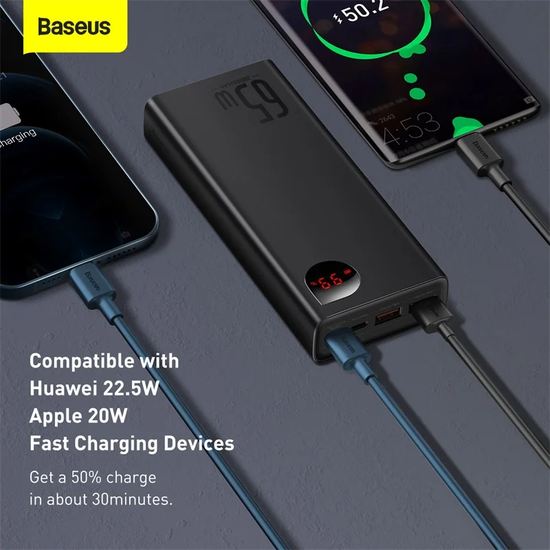 Baseus PD 65W Power Bank Szybkie ładowanie Bateria zewnętrzna Przenośna ładowarka 20000mAh PowerBank dla iPhone Xiaomi MacBook