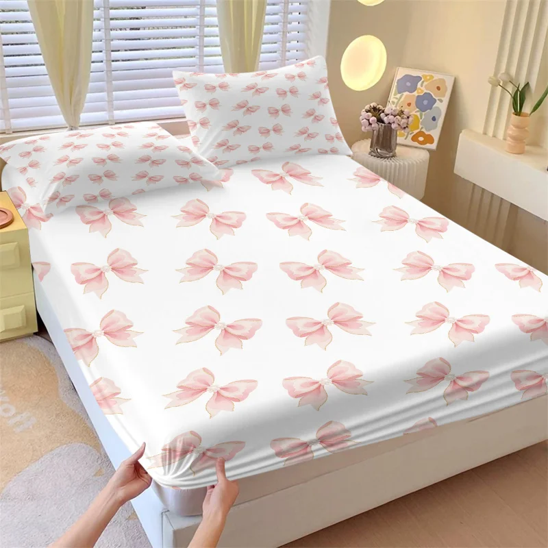 Pink Watercolor Bow With Gold Trim Fitted Sheet Set Soft Cream Aesthetic Dorm Elastic Non-slip Girl Bedroom Bedding All Sizes
