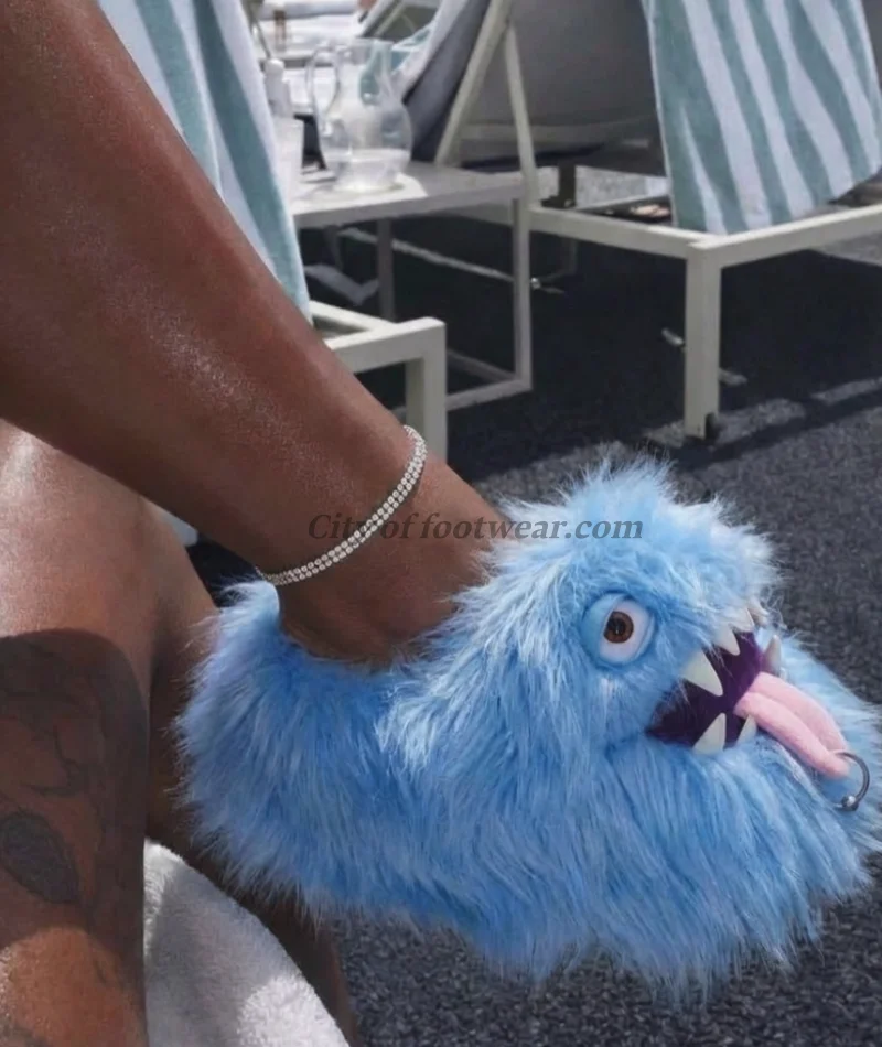 Blue fur monster flat platform slippers boots Women's fuzzy big size handmade strange style lxury designer party dress shoes