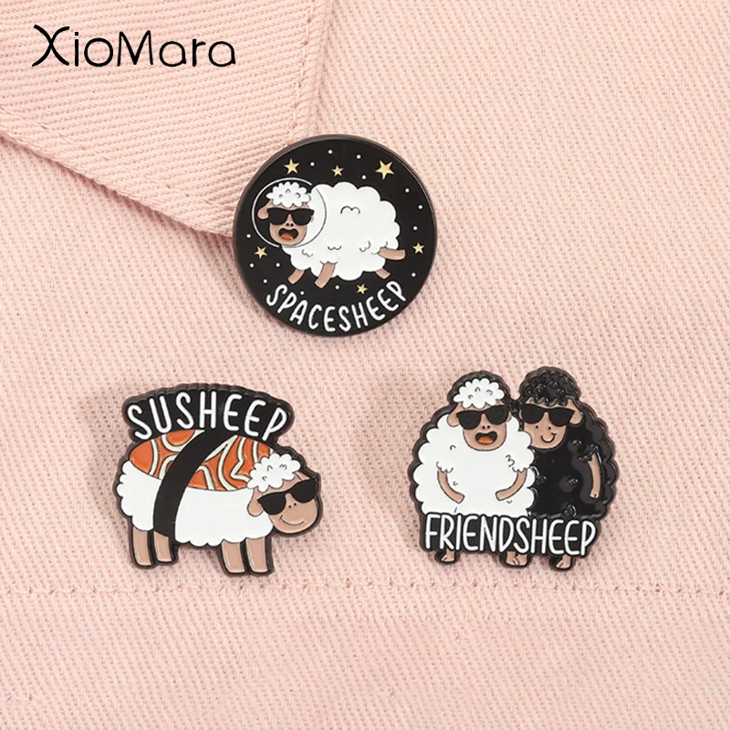 Funny Sheep Pun Enamel Pins Friendsheep Spacesheep Susheep Cute Animal Brooches Lapel Badge Fashion Jewelry Gifts for Friends