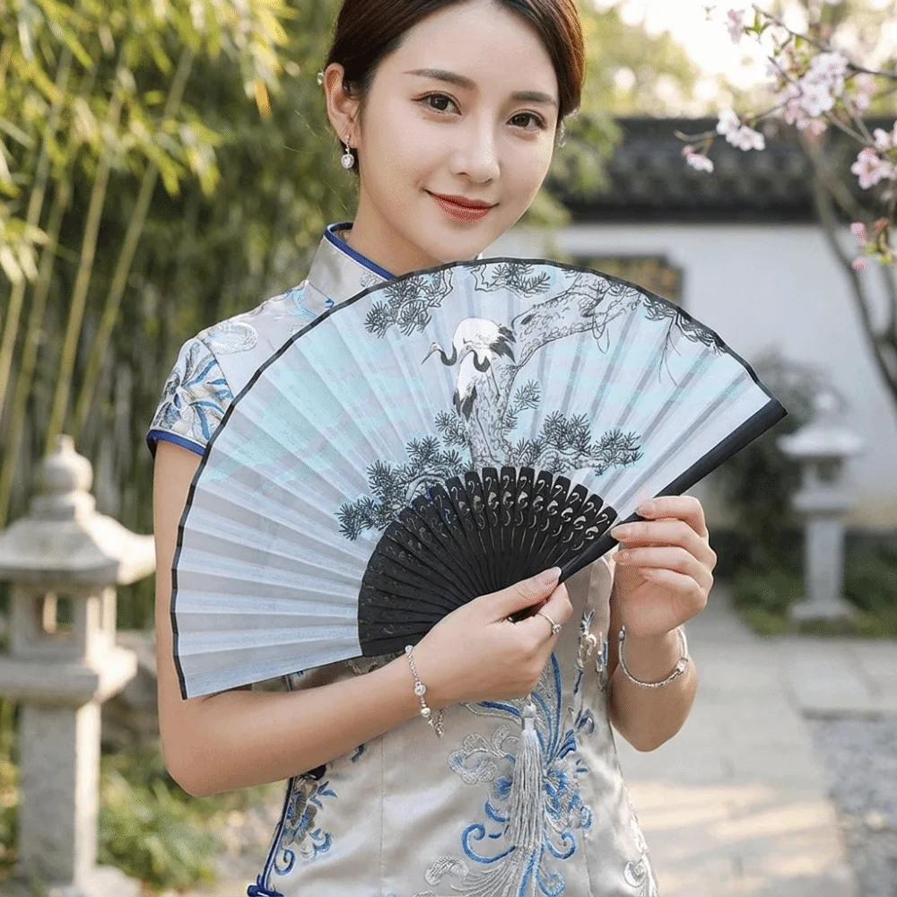 7-Inch Ancient Style Folding Fan Traditional Classical Hand Cranked Fan with Tassels Handmade Crane Handheld Fan Performance