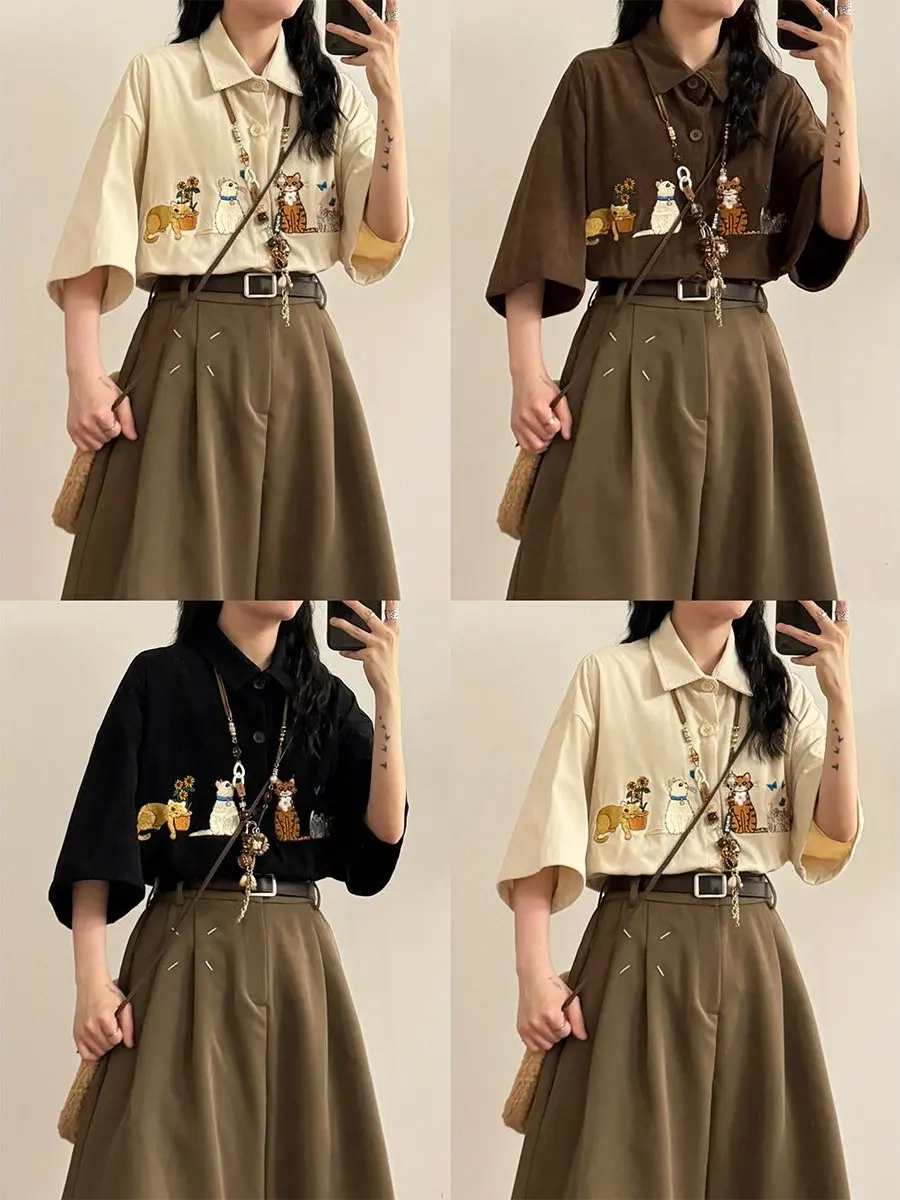 

Summer American Retro Cartoon Embroidered Corduroy ort Sve Loose irt ex Japanese Sle Casual Breathable Top