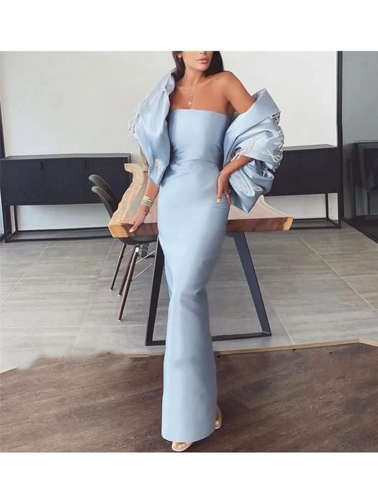 Flora Dress Elegant Sky Blue Satin Boat Neck Evening Dresses With Shawl Sleeves Shiny Beads Long Dubai Arabic Women Prom Gowns