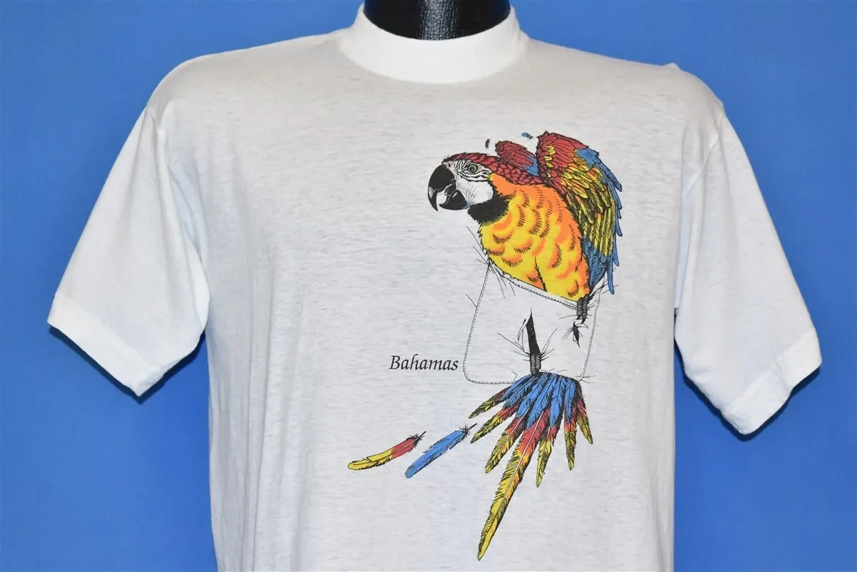 80s Bahamas Macaw Parrot Faux Pocket Tourist Bird Animal Wildlife T Shirt Large
