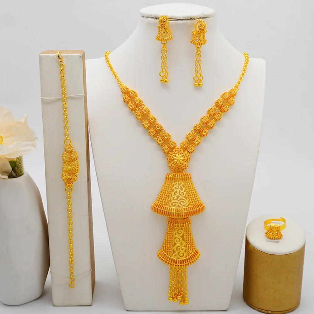 

24K Gold 4-Piece Set | Rose with diamonds, petal - drop necklace, 3D rose earrings, matching bracelet & ring, luxurious elegance