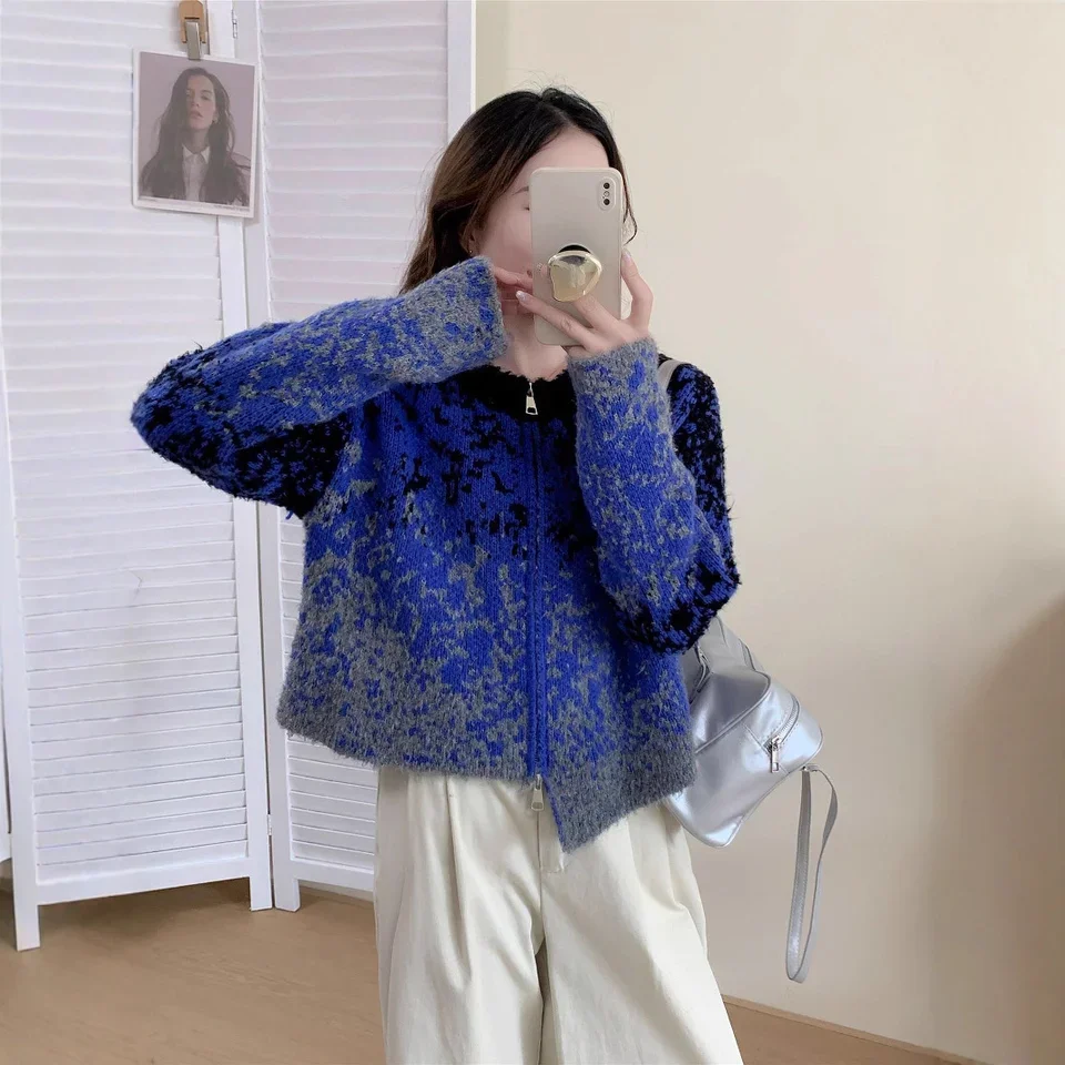 

Gradient Contrasting Color Zipper Sweater Korean Irregular Knitted Cardigan 2025 Autumn/Winter New Christmas Snowflake